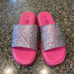 Pink Slide Sandals with Rhinestone Straps